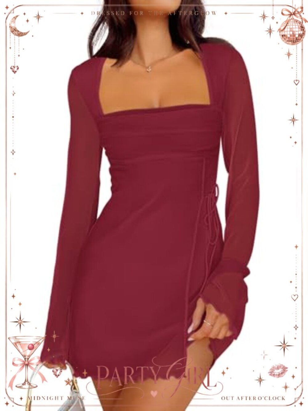 Mesh Ruched Mini Dress Long Sleeve Square Neck Tie Party Cocktail